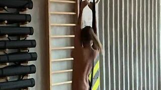 sporty monika fox gymnast flexes pierced nipples and shaved pussy naked backstage