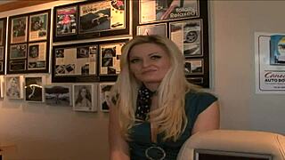 Busty blonde milf gags deep on cock then spreads shaved pussy for doggystyle