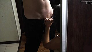 brunette teen bends over mirror for deep blowjob then doggystyle creampie