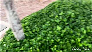 Gorgeous neighbor in string bikini teases then rides my cock creampie at the pool while wife away