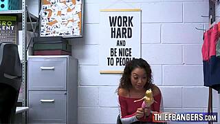 Ebony shopper Sarah Lace takes store guard's big cock anal creampie inspection