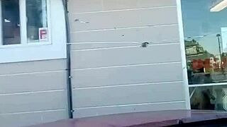 Redhead sneaks Chinese food lot blowjob and handjob voyeur