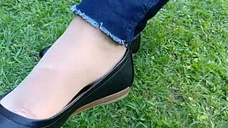 Tan nylons shoeplay dipping in flats