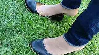 Tan nylons shoeplay dipping in flats