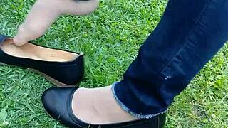 Tan nylons shoeplay dipping in flats