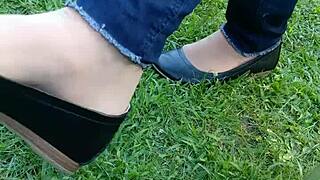 Tan nylons shoeplay dipping in flats