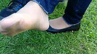 Tan nylons shoeplay dipping in flats