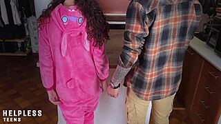 daddy sneaks up on innocent petite stepdaughter in kitchen for dirty fingering fun