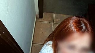 redhead caught giving blowjob in school library flashing skirt panties to nerd