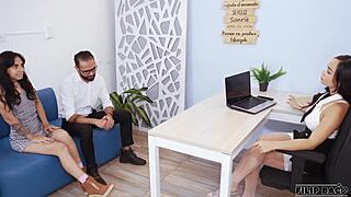 Lesbian boss catches us fucking on cam and yells fuck my face to prove it!