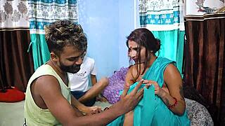 Desi housewife sneaks rough servant pounding on dining table while hubby away