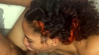 Curly haired babe gags deep on neighbor's monster cock in steamy shower choke