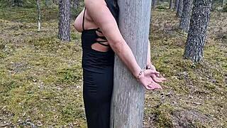 Handcuffed Milf Tied to Tree in Forest Gets Deep Outdoor Pounding