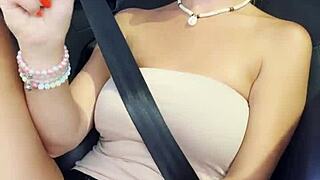 naughty milf babe 😈 on co-driver seat dildoing shaved pussy outdoors on public road 🚗💦