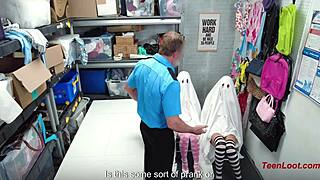 yo security guy catches ghost-costumed college girls stealing and turns it into wild threesome