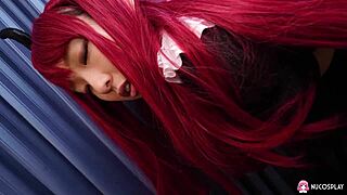 redhead asian ouka yamashita moans fingering wet shaved pussy with rubber cock