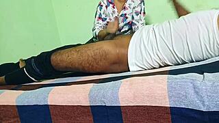 Indian college teen slut bent over in skirt takes rough doggystyle from husband's friend