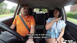 British babe rides public driving instructor cock for cumshot facial