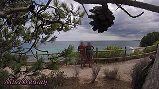 Pulling out cock for French girl on beach path she handjobs me to mouth cumshot caught on public trail