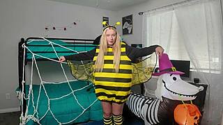 Thick blonde Kallie Taylor fucks rough in Halloween BTS closeup cowgirl doggy