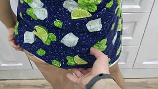 owner grabs housekeeper in kitchen fucks her hairy pussy cums on belly and bush 4k