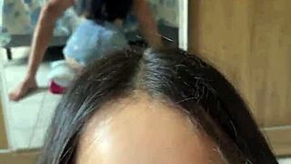 Nerdy Brunette Big Tits Latina Deepthroats Wellington Prado's Huge Cock in Jeans Shorts!