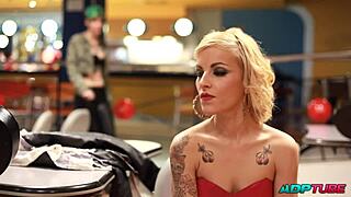 French blonde cutie sucks deep then rides cock doggy in skirt