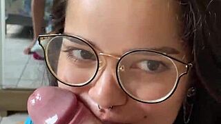 Nerdy Brunette Big Tits Latina Deepthroats Wellington Prado's Huge Cock in Jeans Shorts!