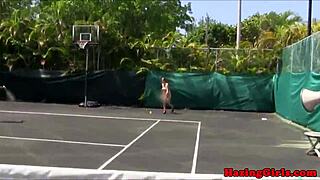 Hazing babes lick pussy during outdoor sorority tennis court ritual