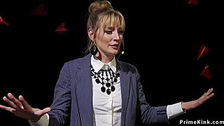 blonde domme straps on and anal fucks her bound black slave hard