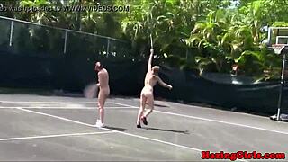 Hazing babes lick pussy during outdoor sorority tennis court ritual