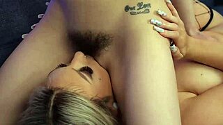 Busty babe dives deep into girlfriend's hairy wet pussy with hungry licks