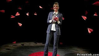 blonde domme straps on and anal fucks her bound black slave hard