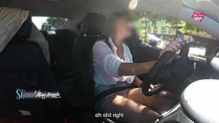 Hot wife Thay Ksada flashes tits in car for stranger groping with subtitles