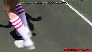 Hazing babes lick pussy during outdoor sorority tennis court ritual