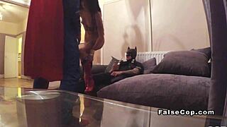 Masked fake cop and superman fuck babe hard in office
