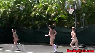 Hazing babes lick pussy during outdoor sorority tennis court ritual