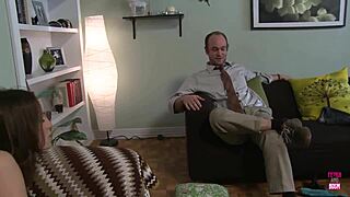 Amber Stares at Cuckold Husband as Muscular Stud Drills Pussy Doggy