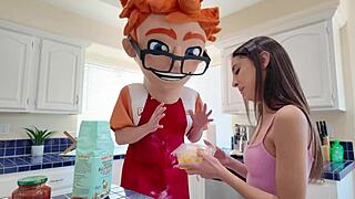 petite eva, suck that sausage then take the cum facial in kitchen?