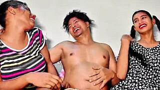 Threesome with stepdaughter and wife bent over for rough doggystyle cumshots