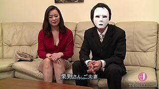 Japanese milf Yoko rides cock cowgirl while hubby watches netorare performance