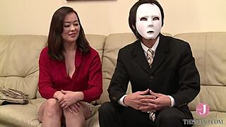 Japanese milf Yoko rides cock cowgirl while hubby watches netorare performance