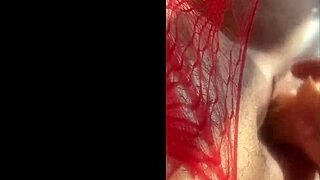 Latina in red bodysuit rams dildo deep moaning hot