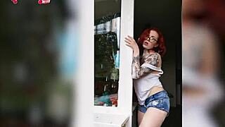 sexy redhead teen babe in wet tshirt so horny washing windows homemade tit tease