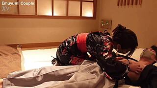 Lewd Kimono Girl's Bald Pussy Visible in Convulsing Cowgirl Creampie