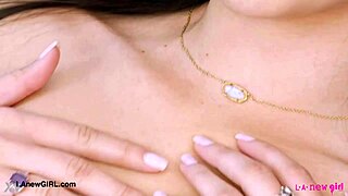 tall pretty brunette model strips sexy body on sofa for daddy interview cum swallow