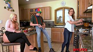 spoiled boy, you gonna please your hot mom and step-aunt's wet pussies in the kitchen today?