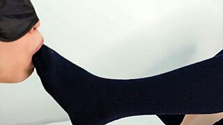 super cute japanese schoolgirl in navy socks gives amazing footjob to m male foot fetish slave