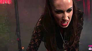 Lesbian vampires in heels stockings thrust huge dildo deep into tight pussies for wild orgasms