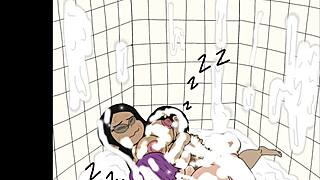 three futanari chicks assfucking with massive cumshots in bathroom trio